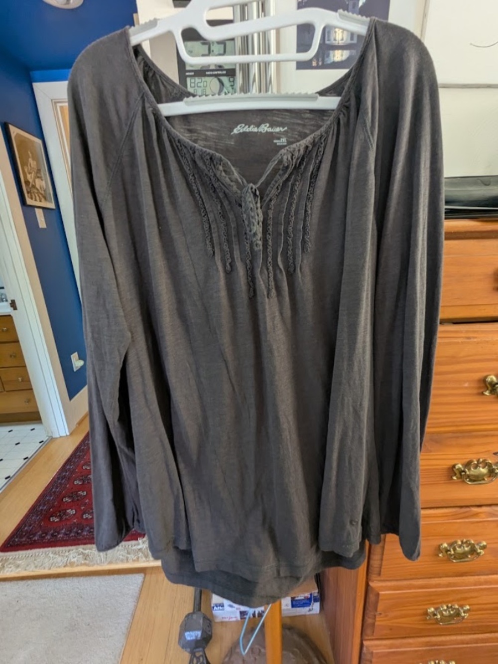 Eddie Bauer Gray Slub Knit Pintuck Tie Neck Long Sleeve‎ Top Size 2xl